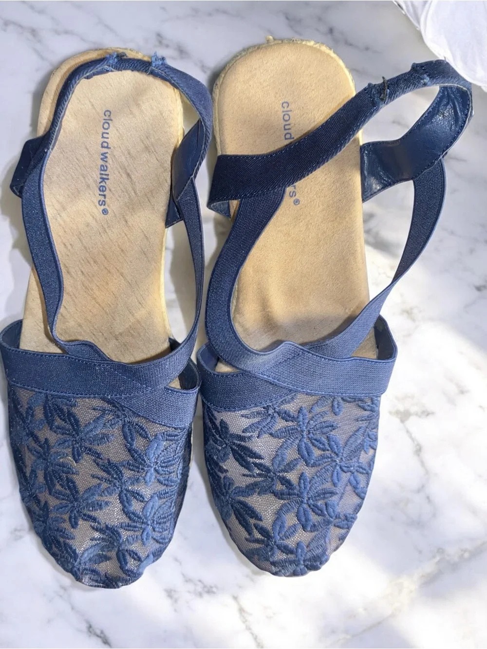 Cloudwalkers Avenue Indie Navy Blue Floral Mesh Espadrille Wedge Sandals 10W